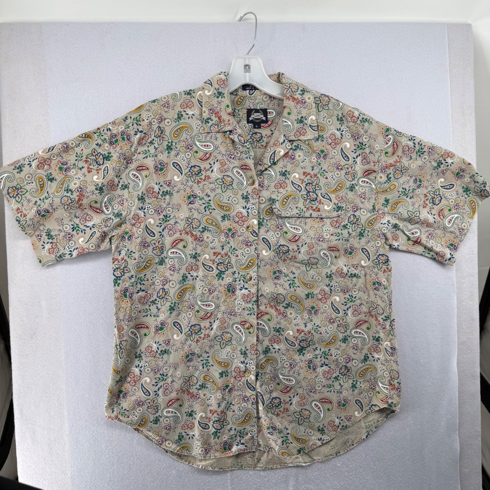 Vintage 90s Lee Tan Paisley Floral Cotton Short Sleeve Button Down Shirt Large